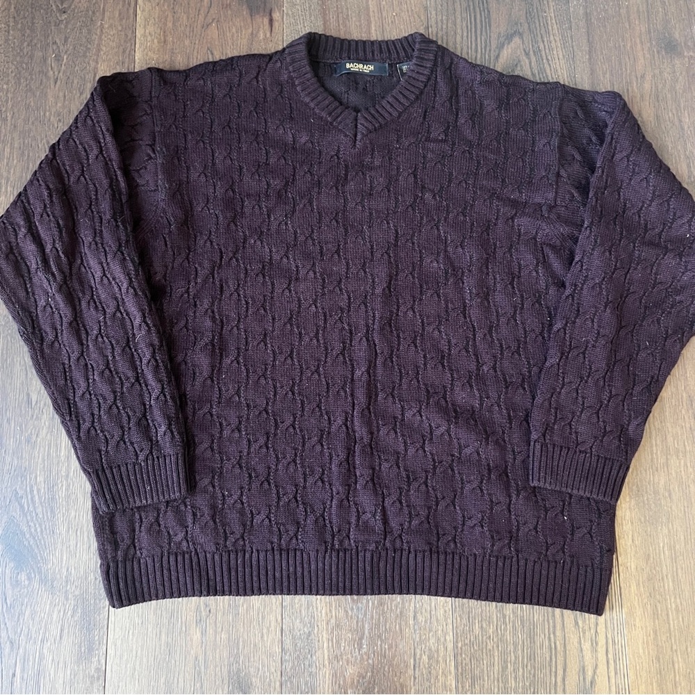Vintage Bachrach Men's Brown Wool Blend Long Sleeve Cable Knit Sweater 80s 90s